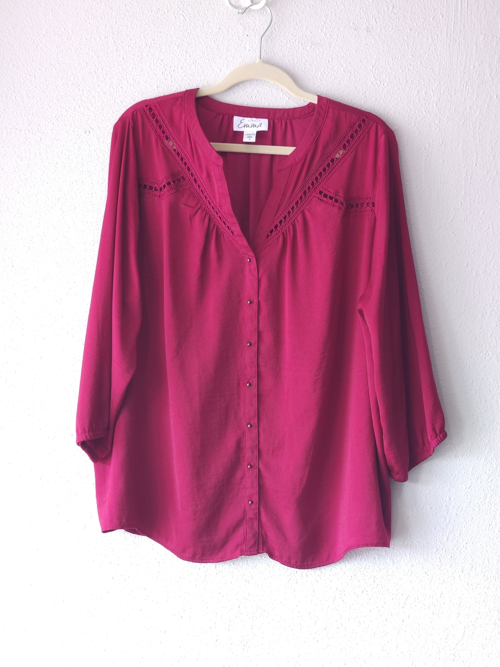 Simply Emma Wine Red Button-Front Crochet-Yoke Blouse PLUS SIZE 1X